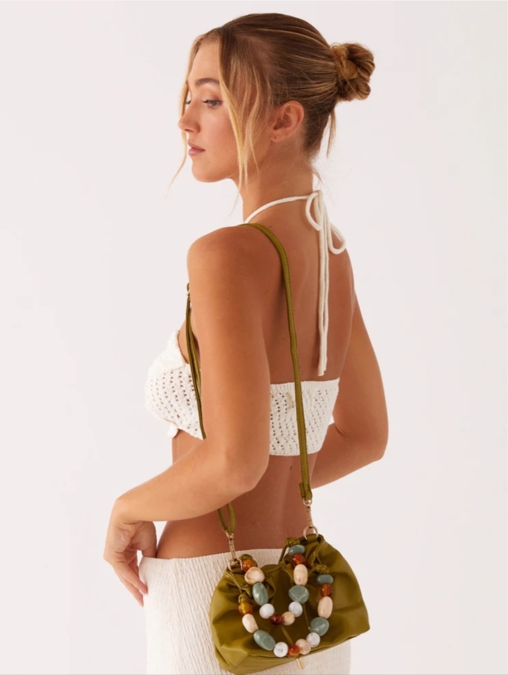 PEPPERMAYO Olive Green Beaded Handle Drawstring Shoulder Bag